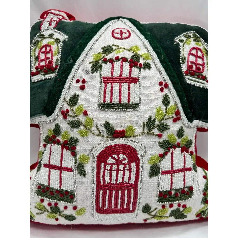Gingerbread House Red Green Novagratz Holiday Throw Pillow Beaded Bling NWT